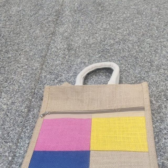 Colour-Block Zip-Pocket Jute Bag, Puru Wings jute product