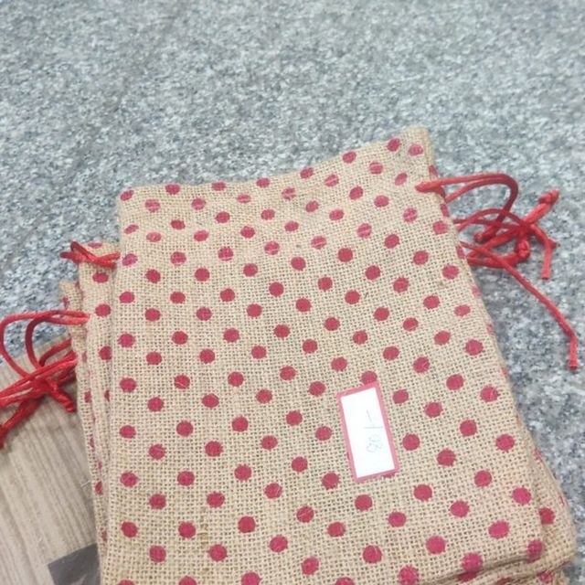 Polka Dot Drawstring Jute Pouch, Puru Wings jute product